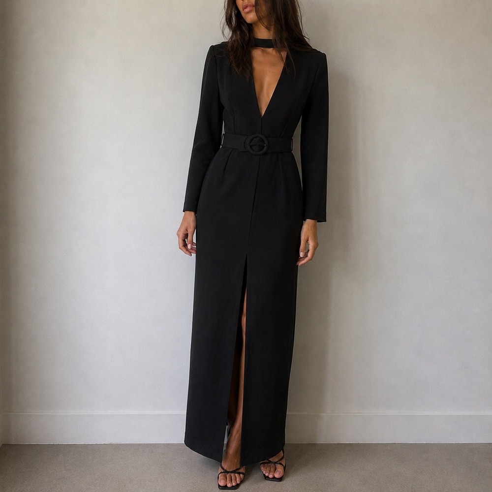 Marciano Black Choker Neck Belted Maxi Dress Small Dark Feminine Quiet Luxury